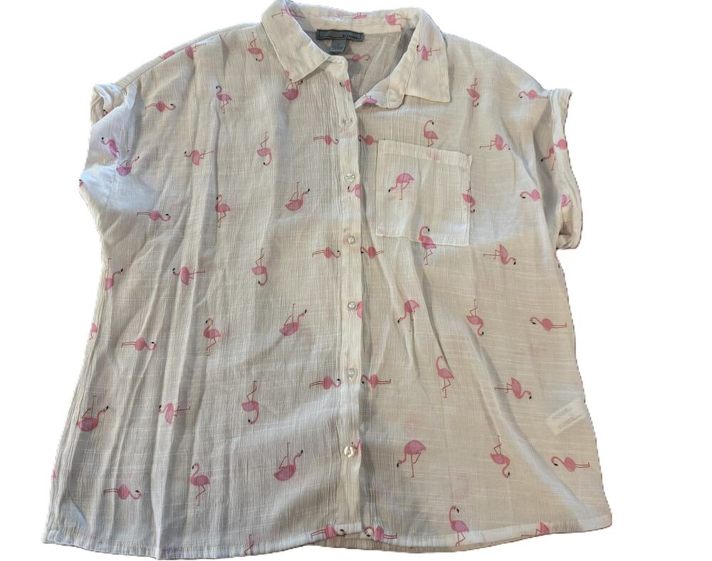 By Design Women’s XL Pink Flamingo Button Down Shirt White Tropical Blouse